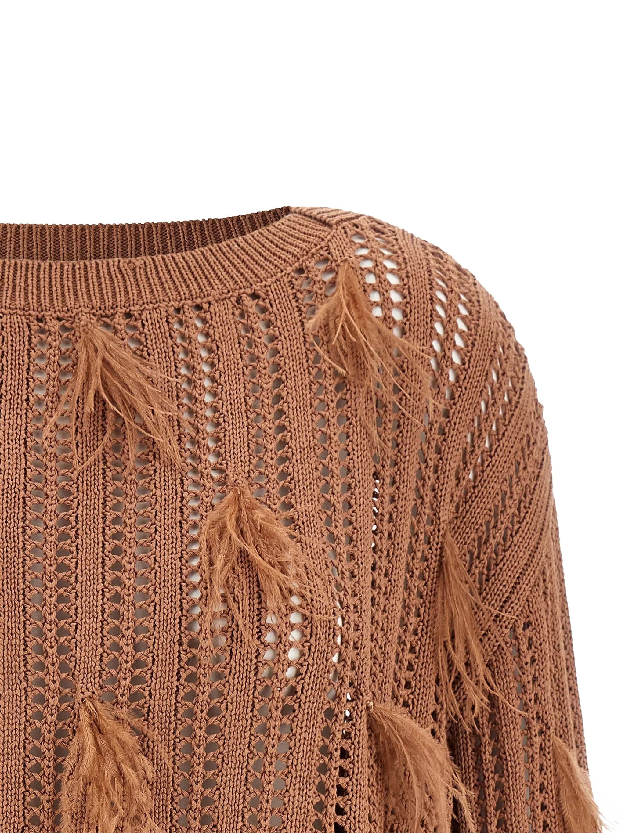 Brown Cropped Openwork Knit Sweater