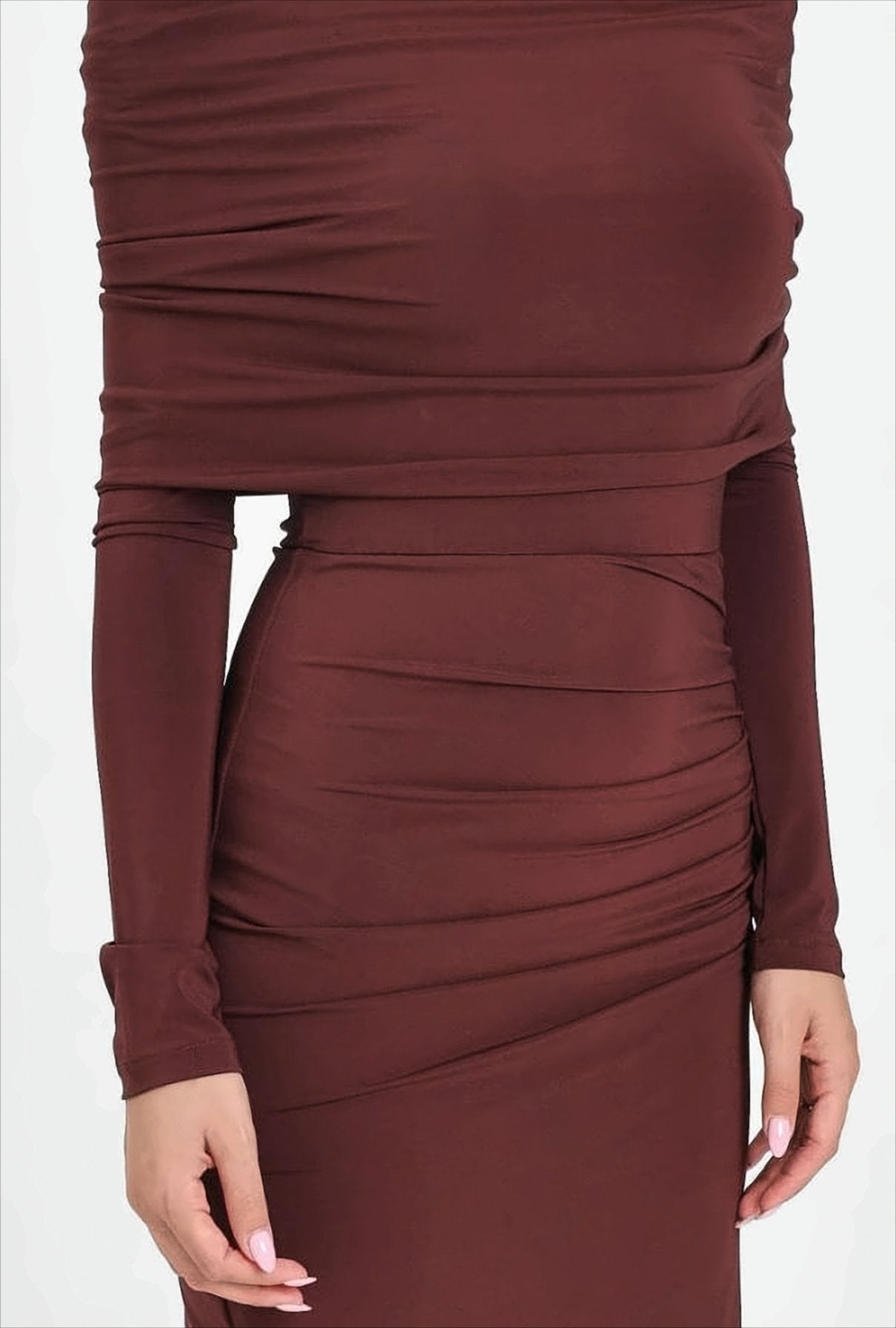 Burgundy Jersey Midi Dress With Asymmetrical Gathering