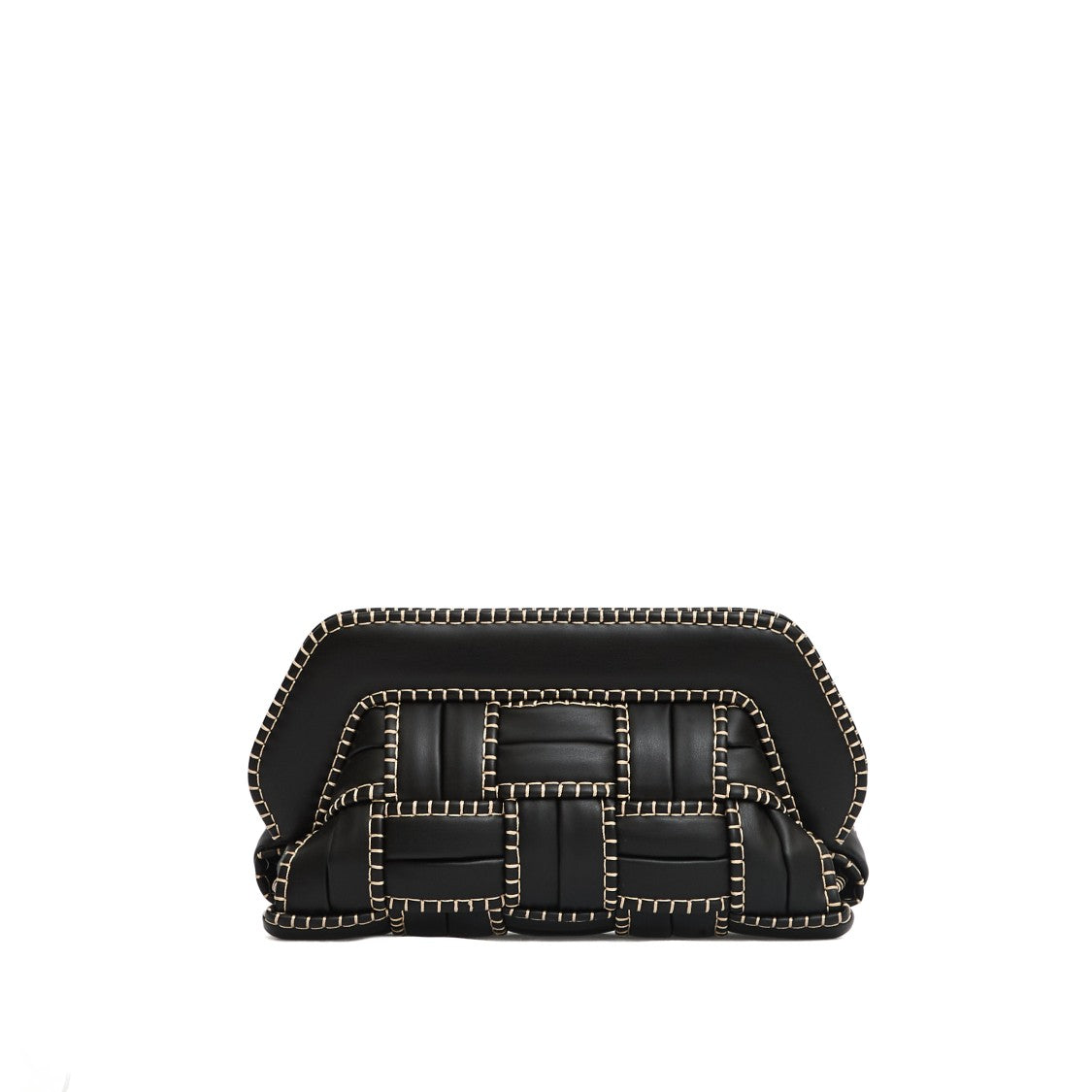 Structured Black Vegan Leather Clutch With Beige Stitching