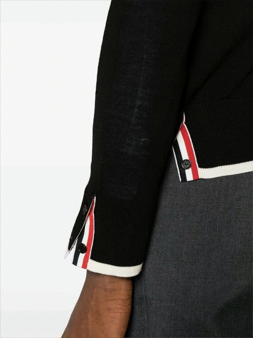 Crew Neck Black Wool Sweater with Signature Stripes and Buttoned Cuffs