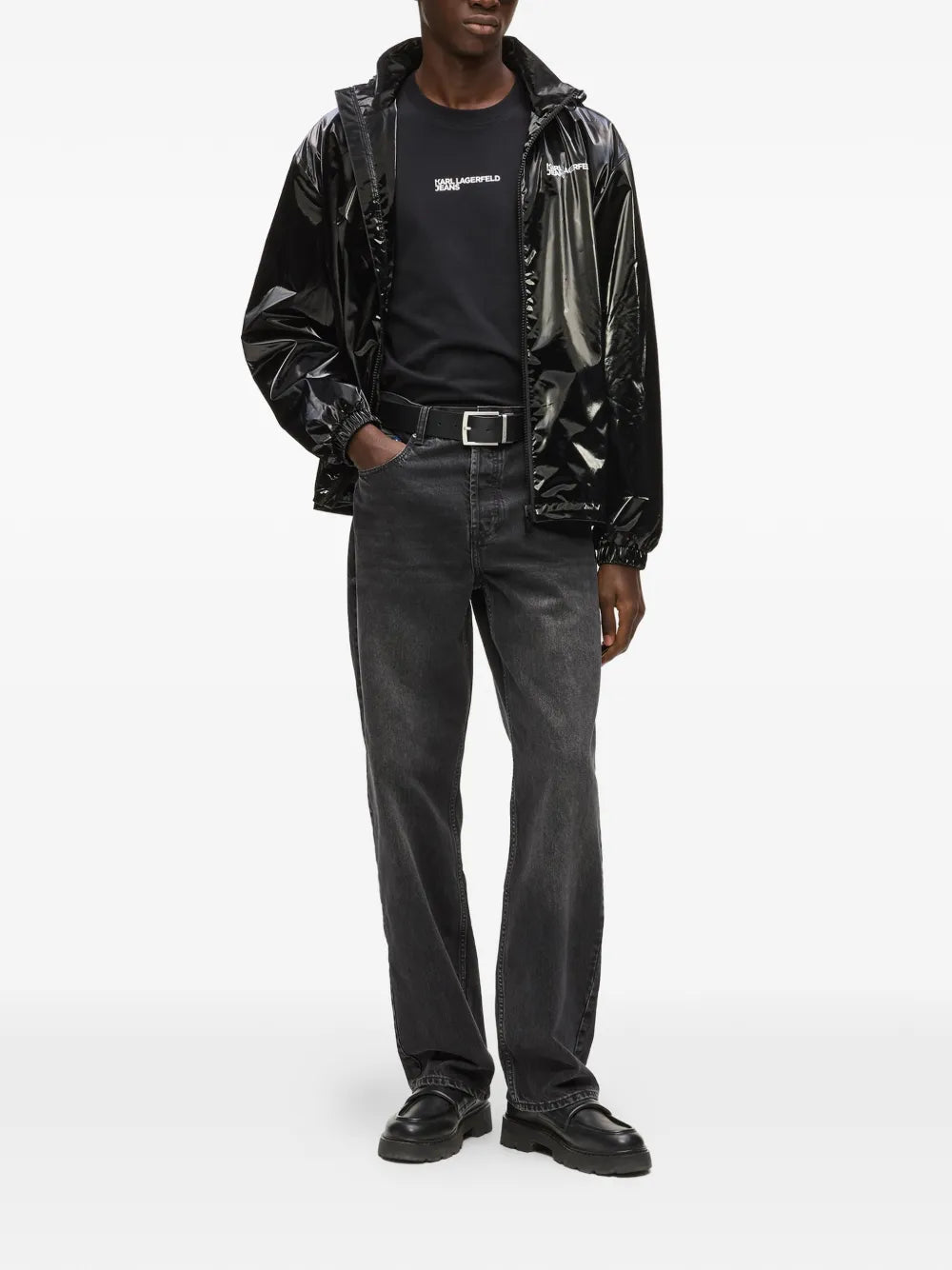 Glossy Black Finish Casual Jacket with Adjustable Hood