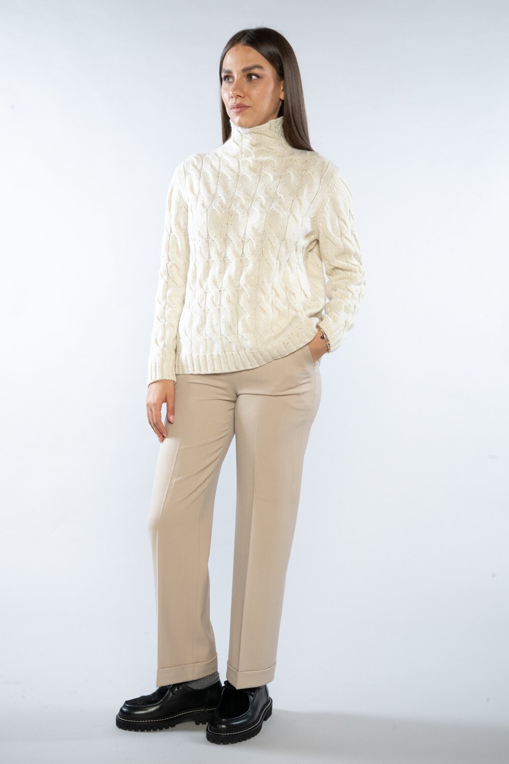 Ivory Cable-Knit Turtleneck Sweater With Braided Pattern