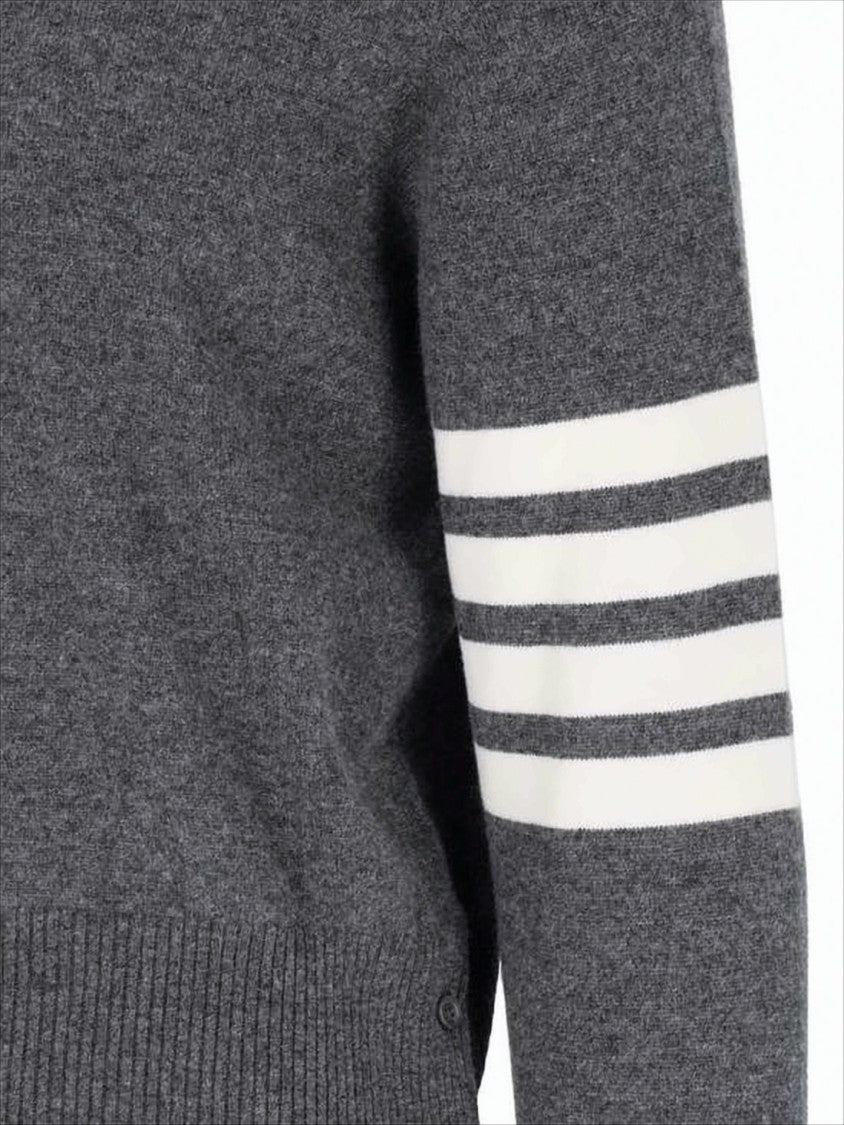 Crew Neck Cashmere Sweater with Contrasting Stripes and Side Buttons