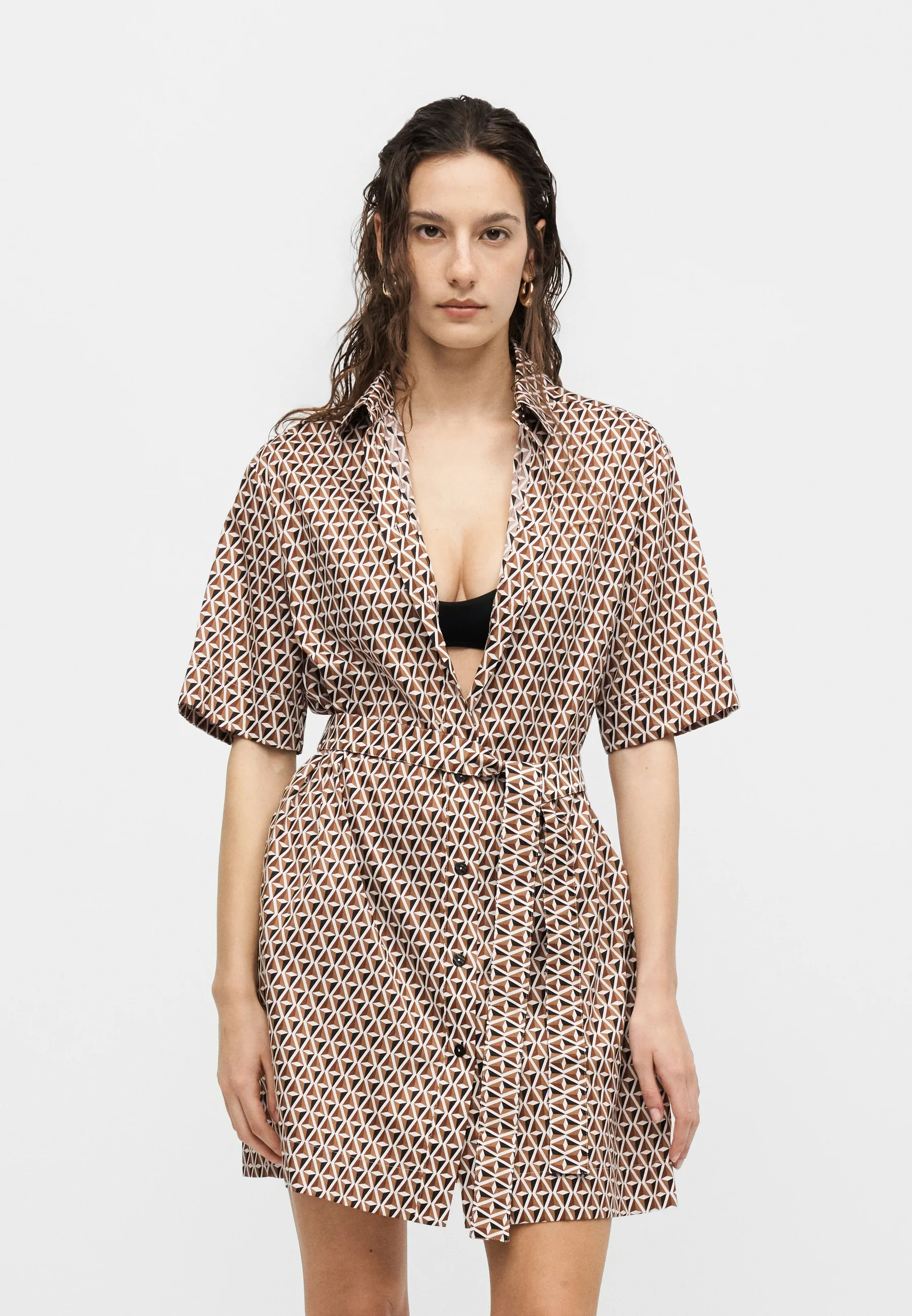 Short-Sleeved Geometric Dress with Button-Down Front