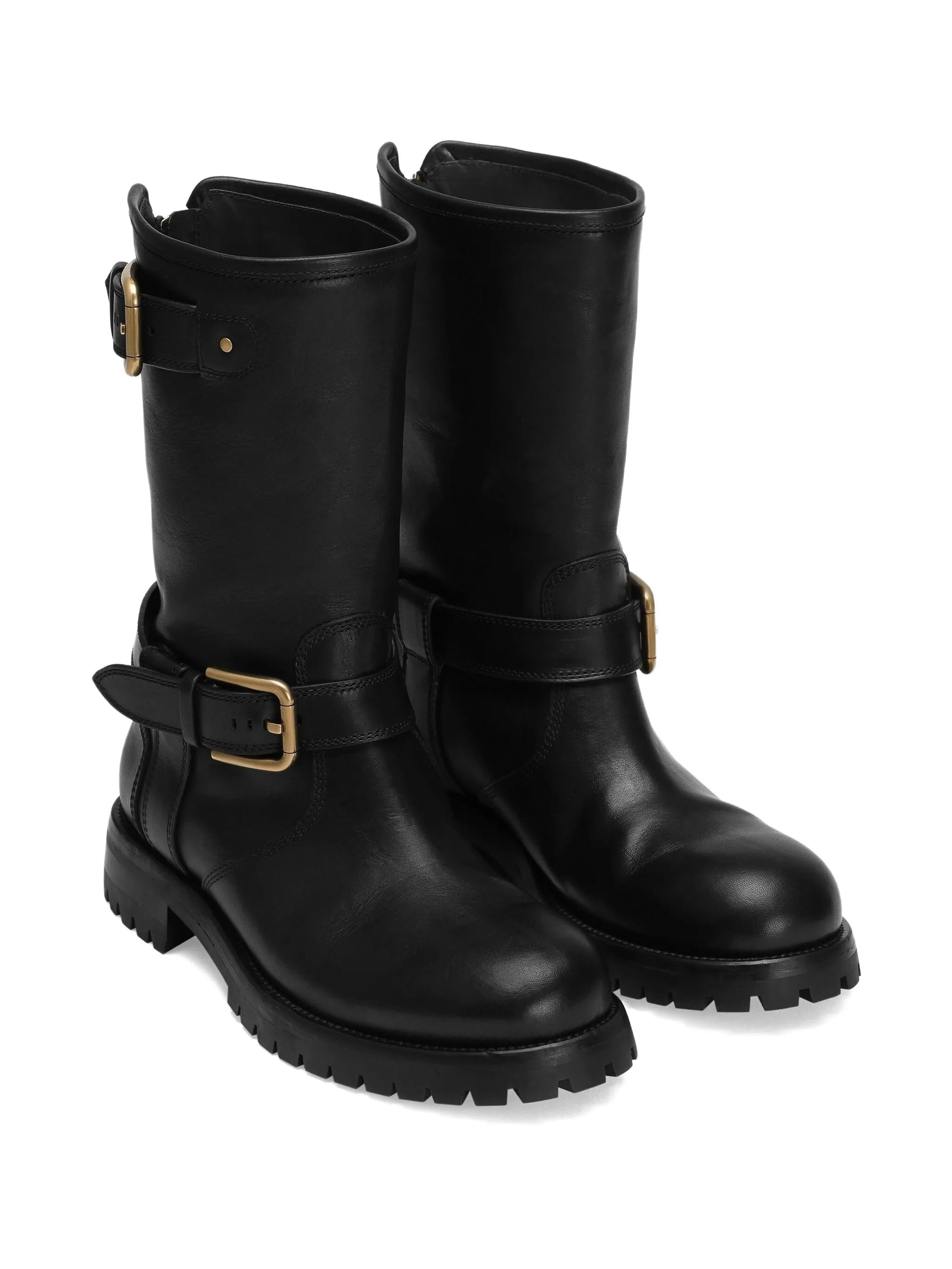 Black Biker Leather Gold Buckle Boots