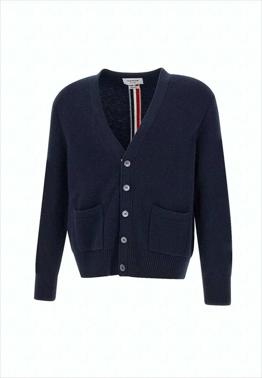 Classic V-Neck Wool Cardigan with Striped Back Detail
