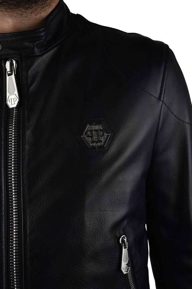 Black Grained Leather Biker Jacket