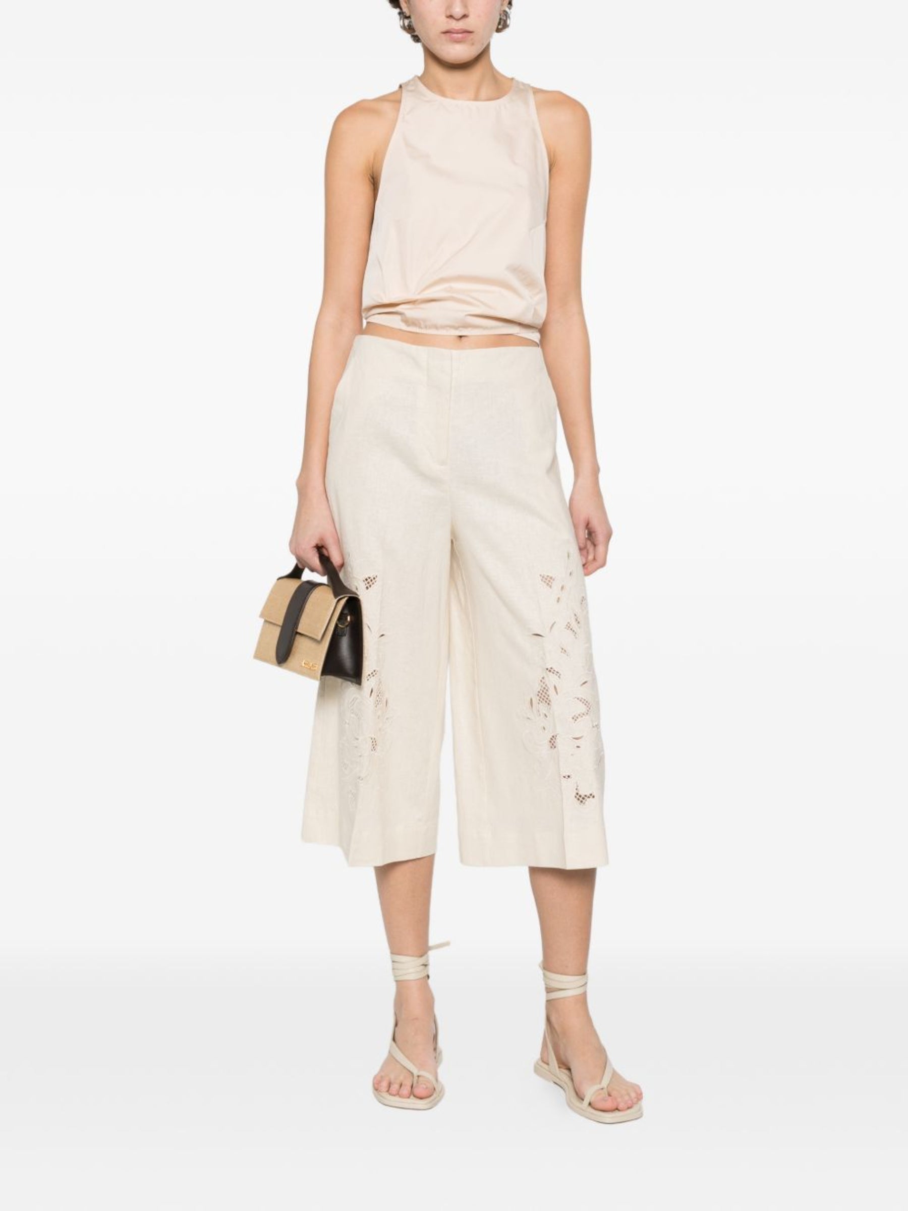 Wide-Leg Cropped Pants with Intricate Floral Embroidery