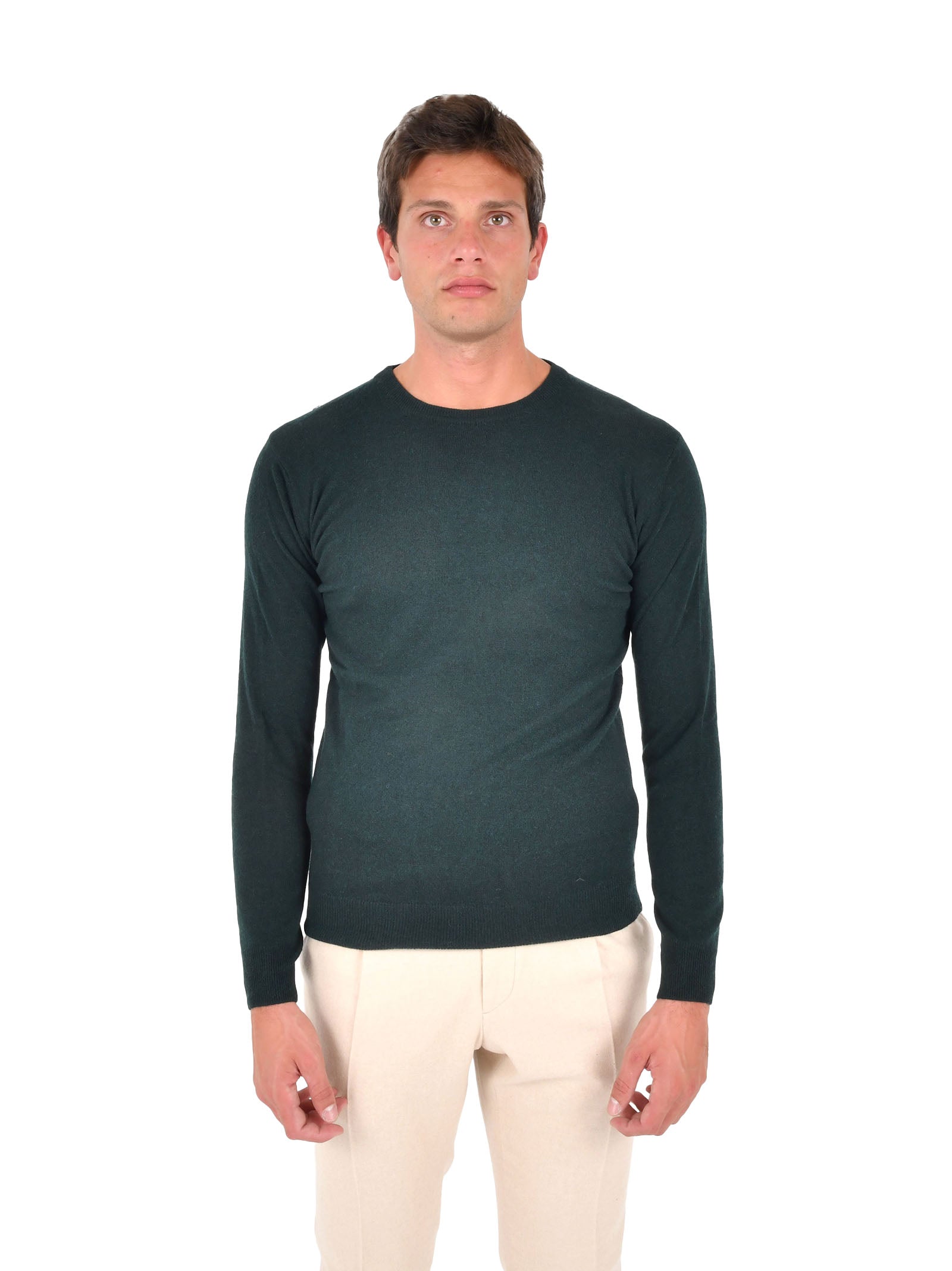Crewneck Sweater In Deep Green Wool-Cashmere Blend
