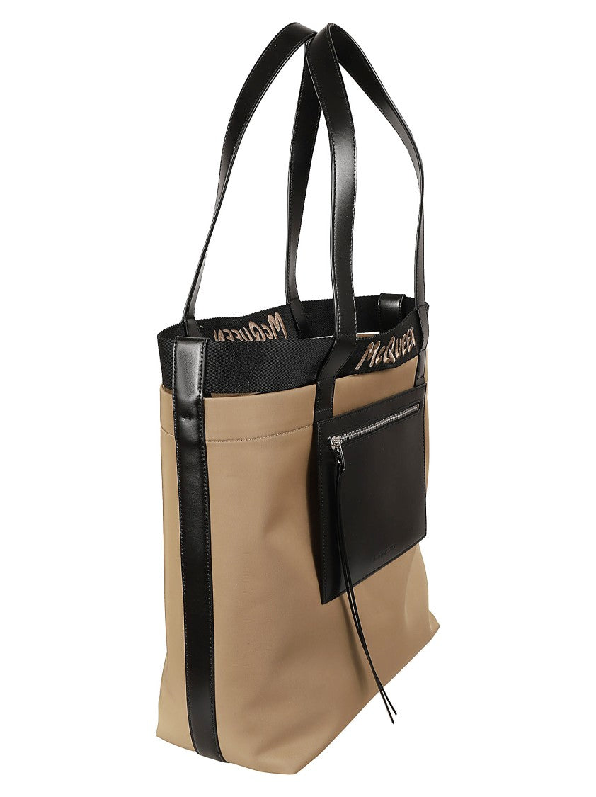 Beige Tote Bag With Black Leather Handles