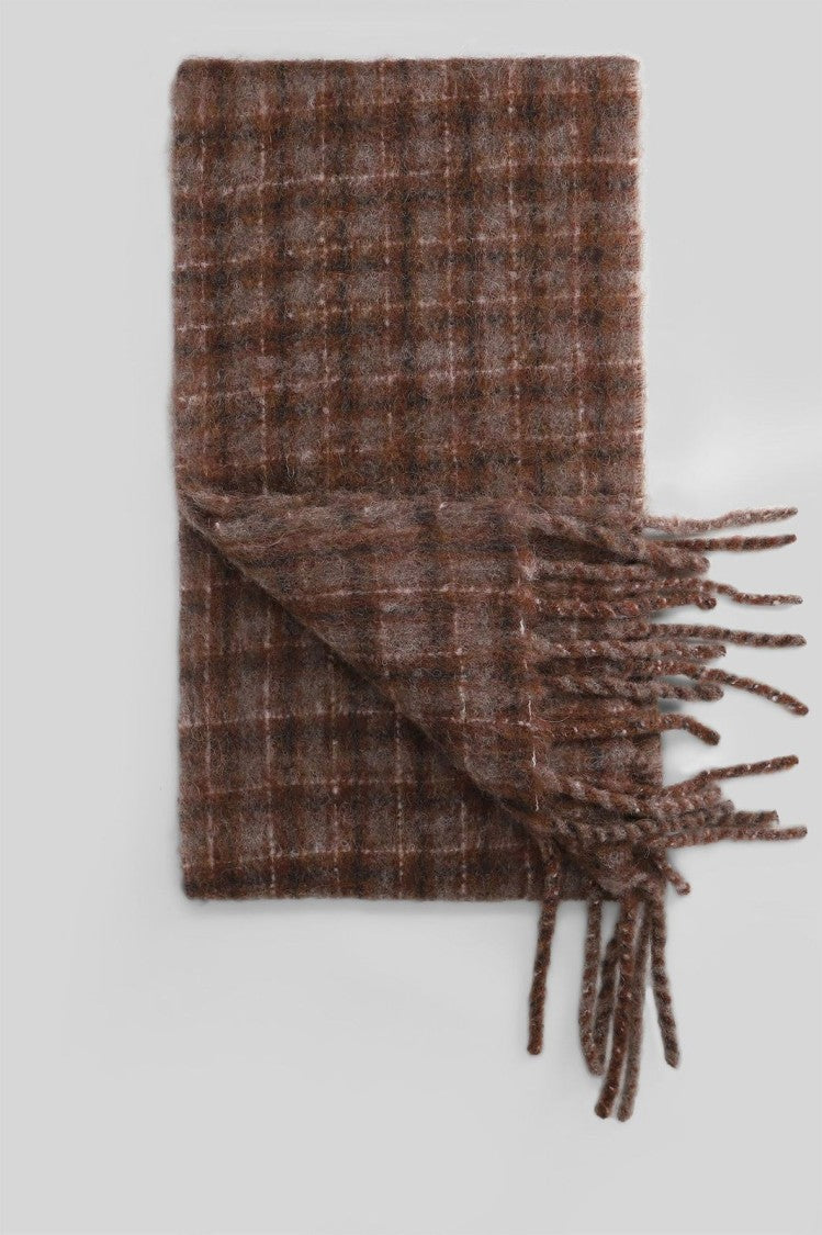 Textured Brown Checkered Scarf with Fringed Edge
