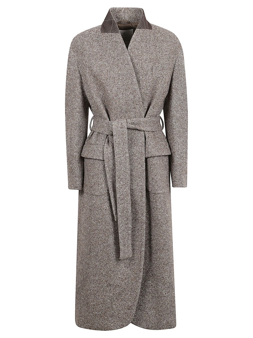 Brown Tweed Coat With Self-Tie Belt