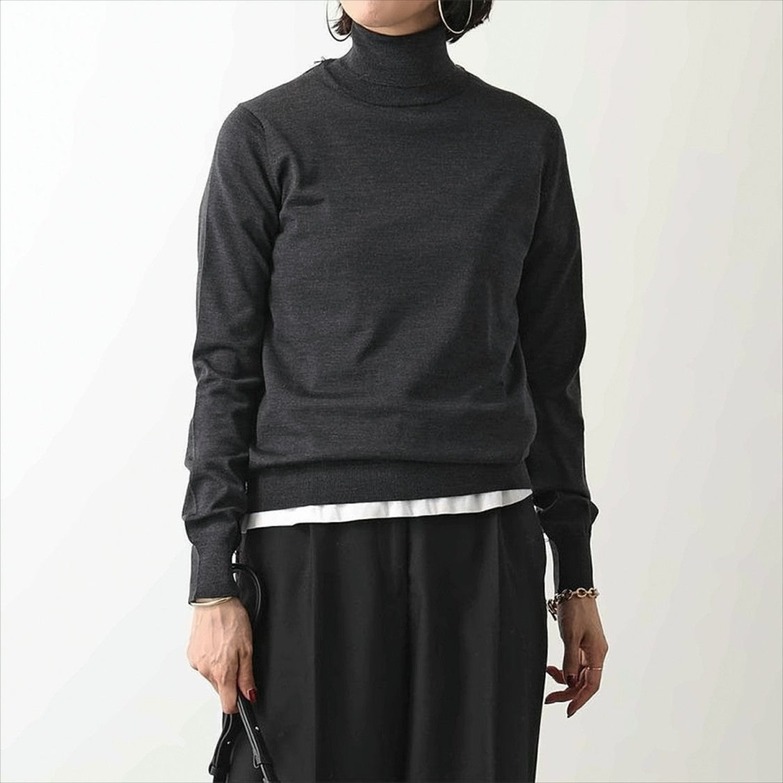 High-Neck Wool Knit Sweater With Four-Line Stitch Detail