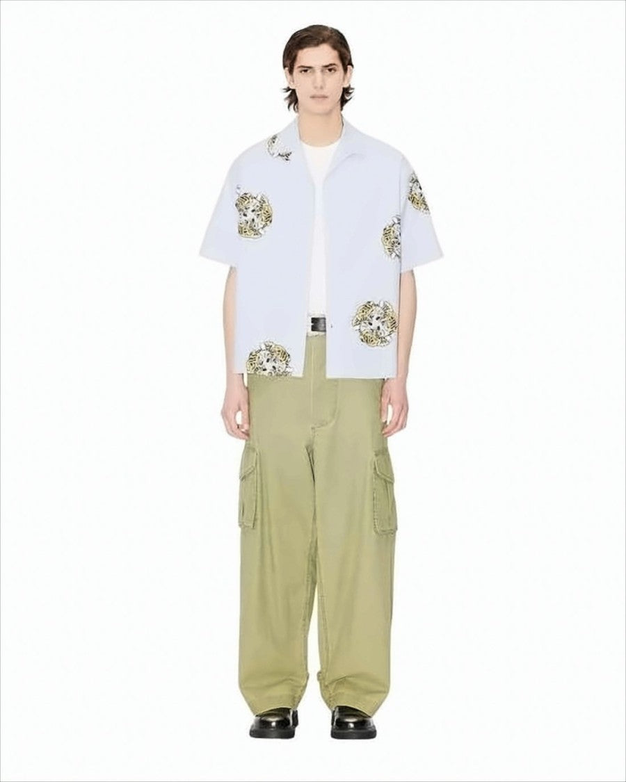 Short-Sleeved Light Blue Shirt with Tiger Motifs