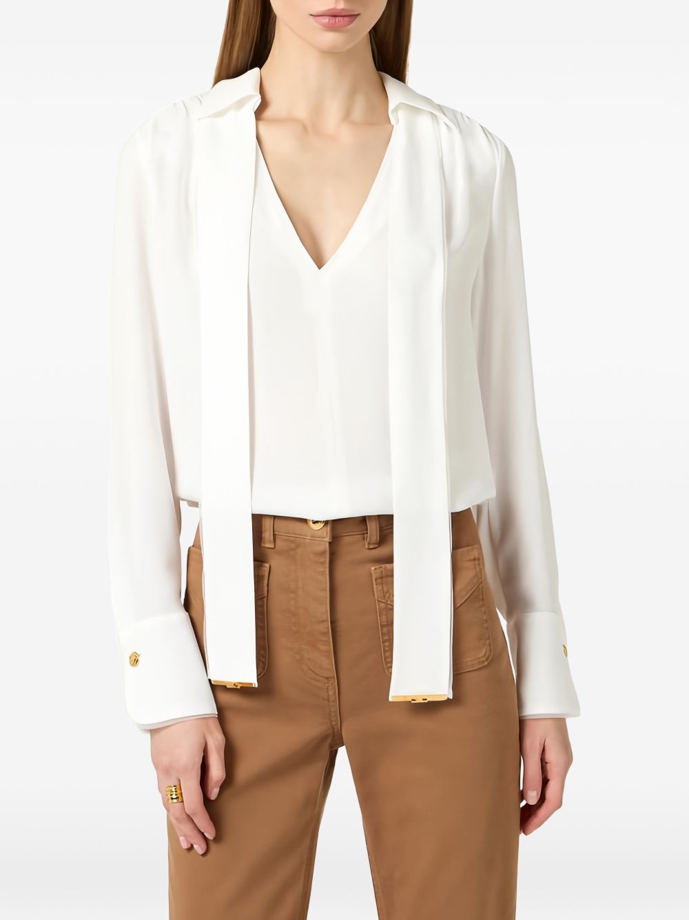 White V-Neck Blouse with Scarf Ties