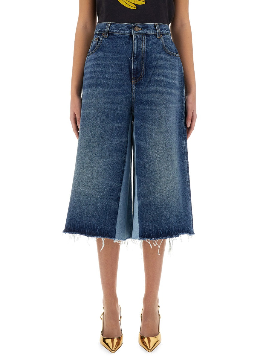 Patchwork Denim Bermuda Shorts with Artisanal Design