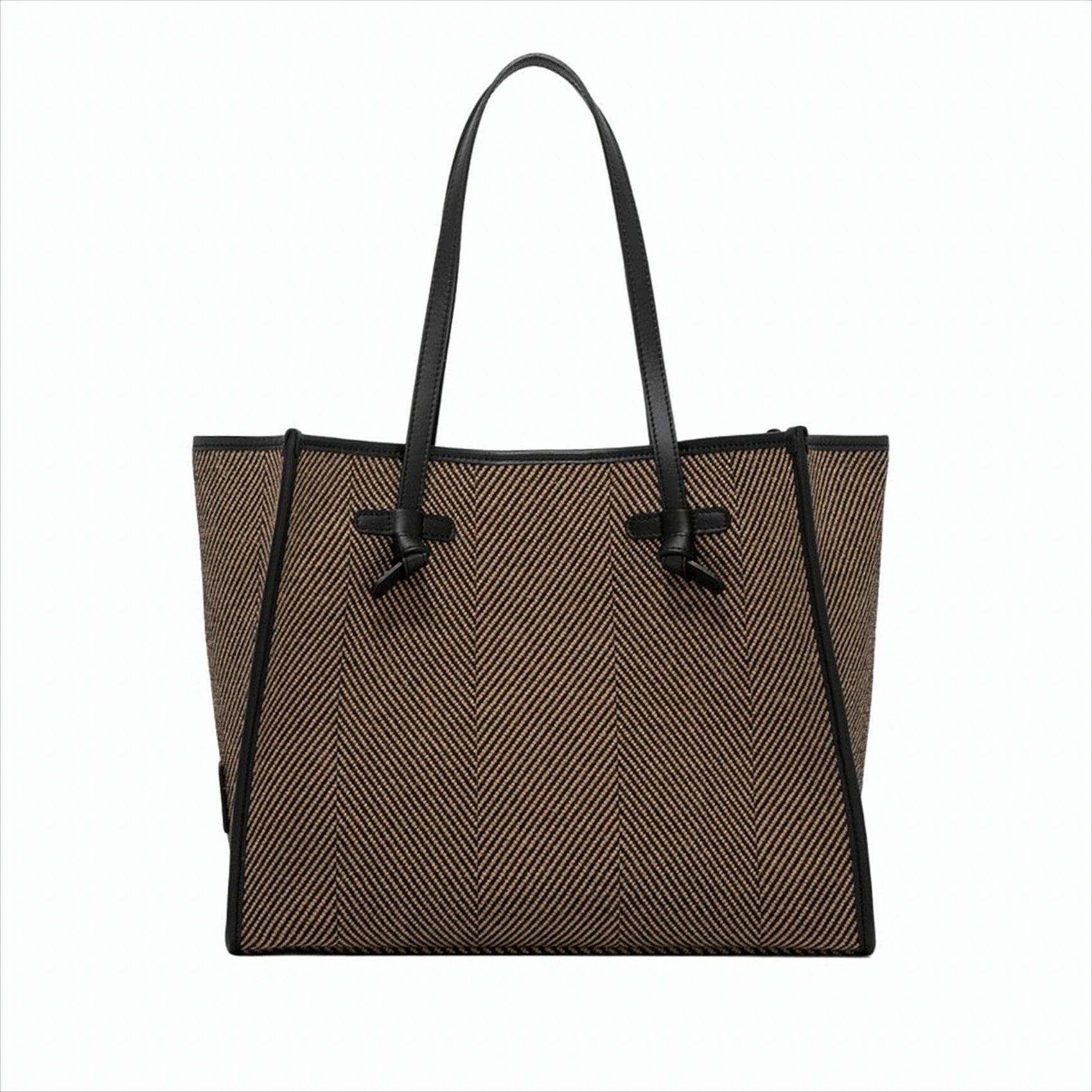Herringbone Fabric Tote Bag with Leather Accents