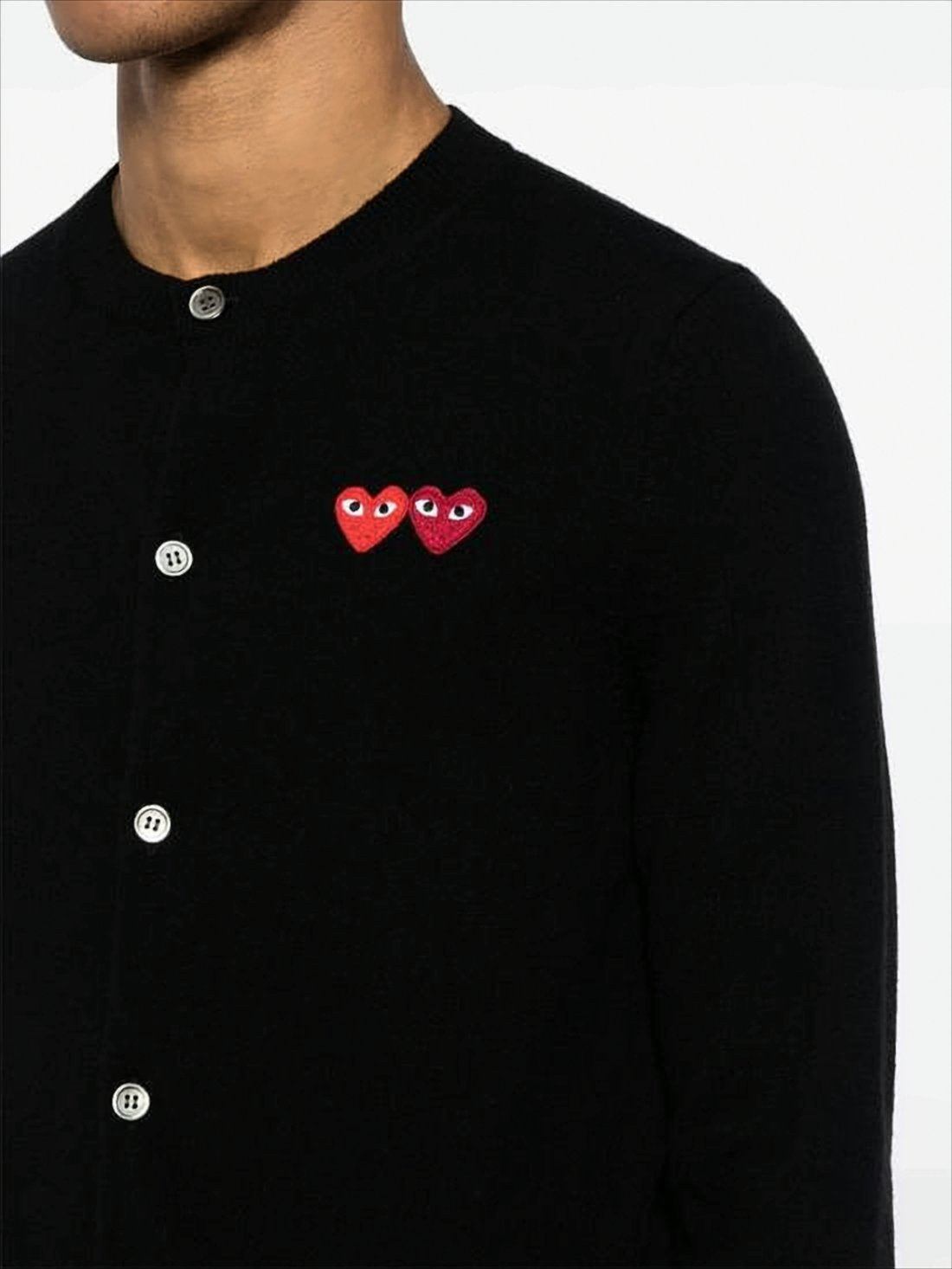 Wool Cardigan with Dual Heart Embroidery