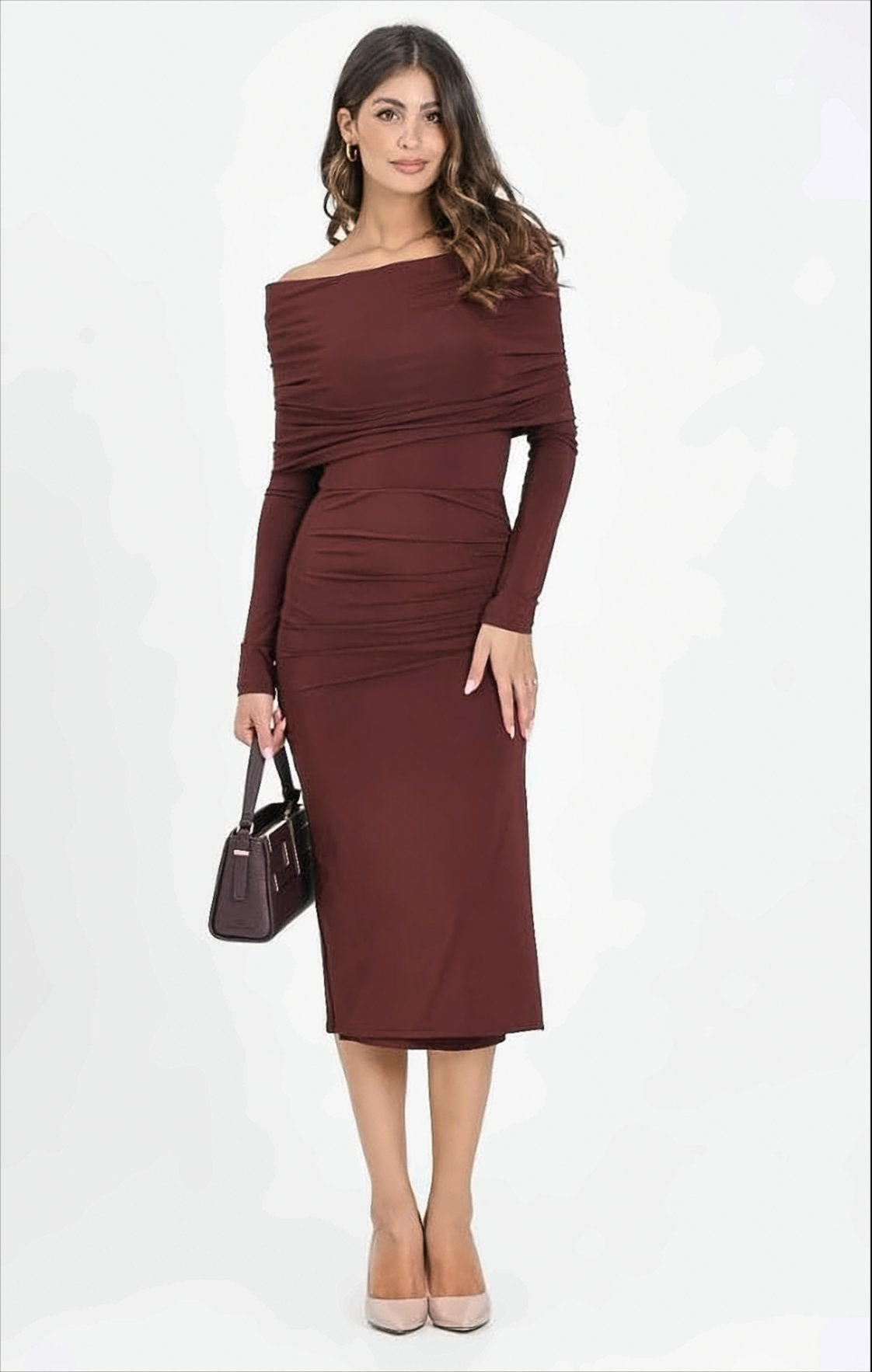 Burgundy Jersey Midi Dress With Asymmetrical Gathering