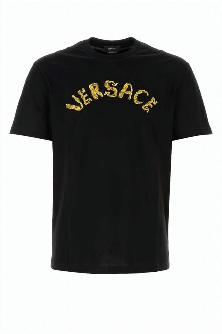 Cropped Black T-Shirt with Arched Logo Design