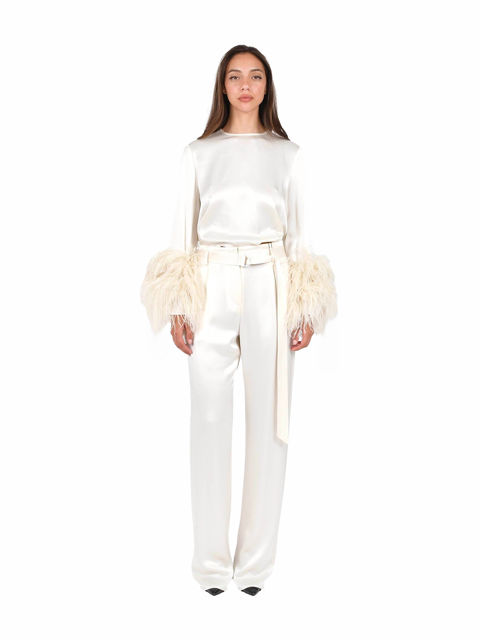 Satin Top With Ostrich Feather Cuffs