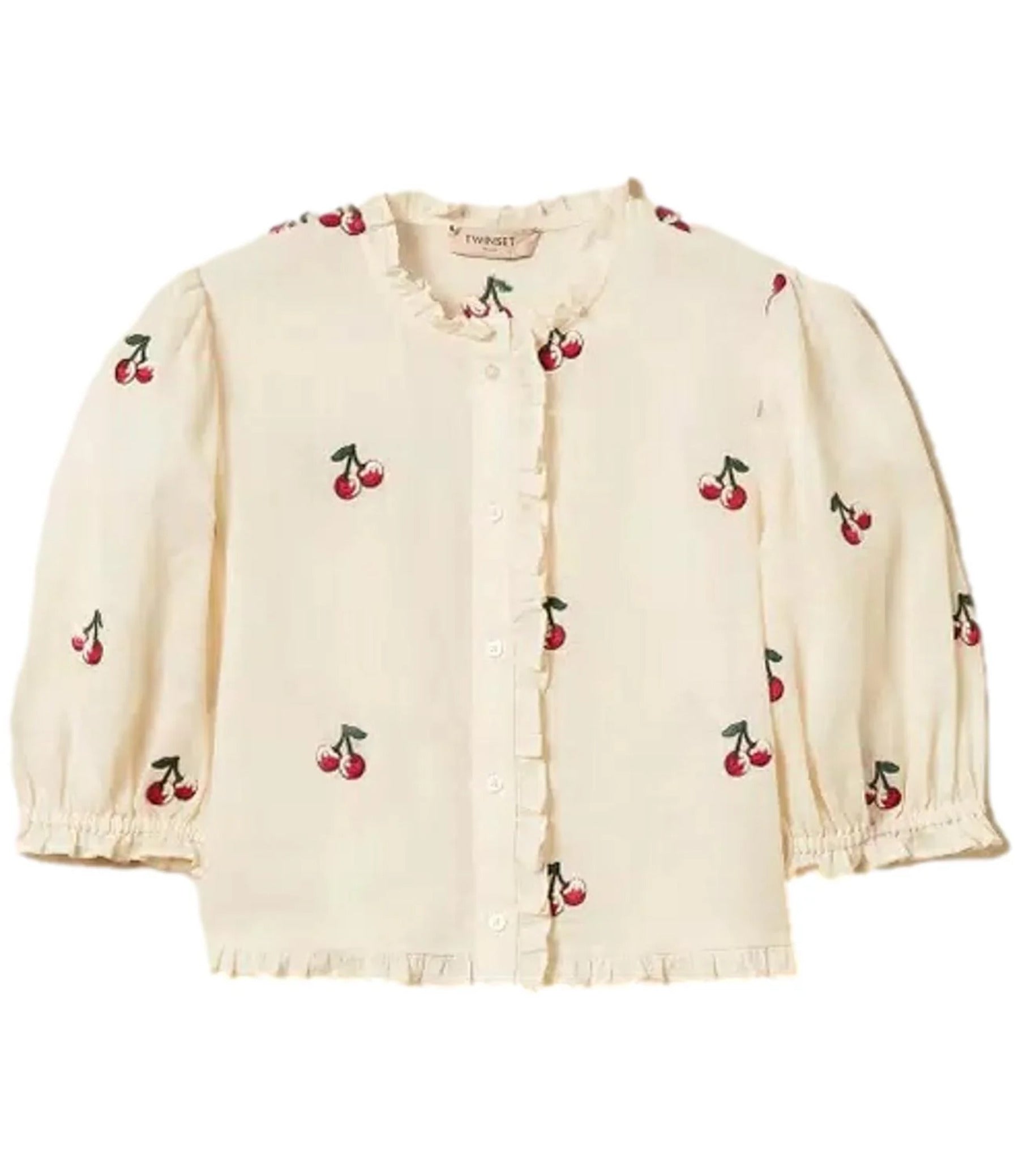 Cropped Blouse with Cherry Print and Ruffle Detailing