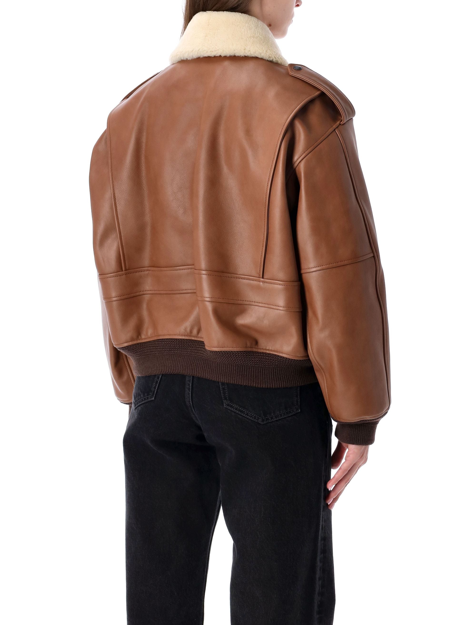 Brown Leather Bomber Jacket With Shearling Collar