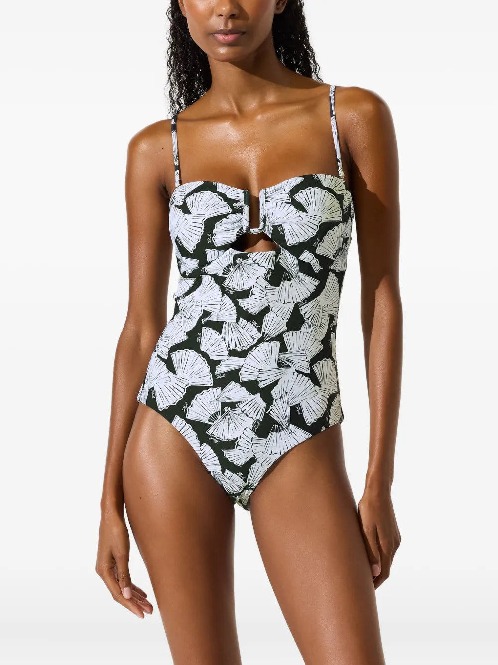 One-Piece Swimsuit with Abstract Fan Pattern