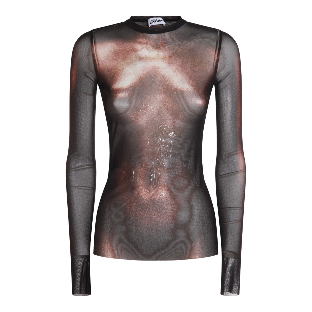Long-Sleeved Sheer Top with Printed Torso Design
