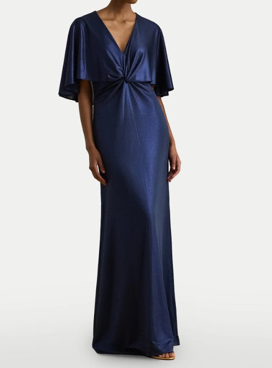 Blue V Neck Cape Front Dress