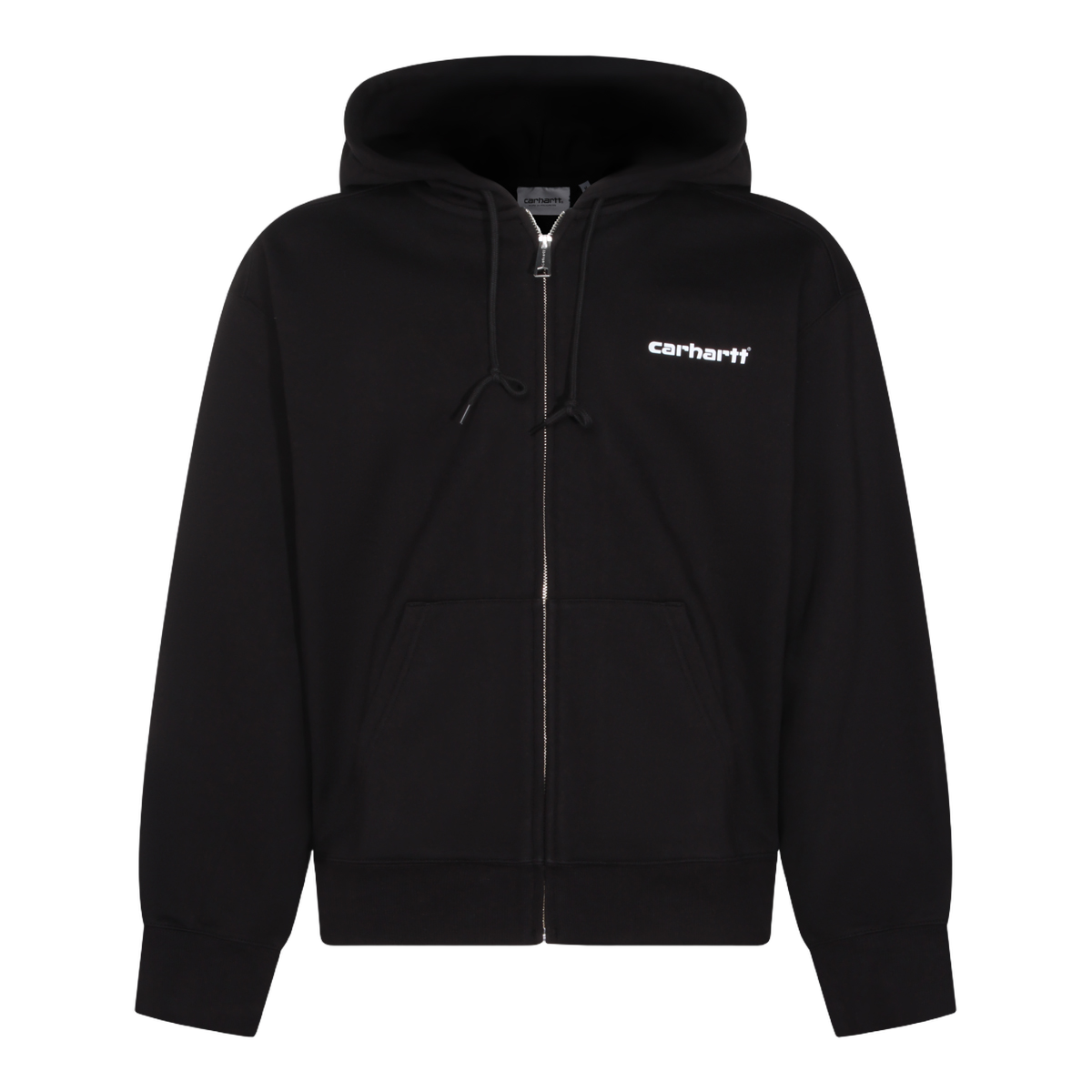 Black Zip-Up Hoodie with Graphic Accents