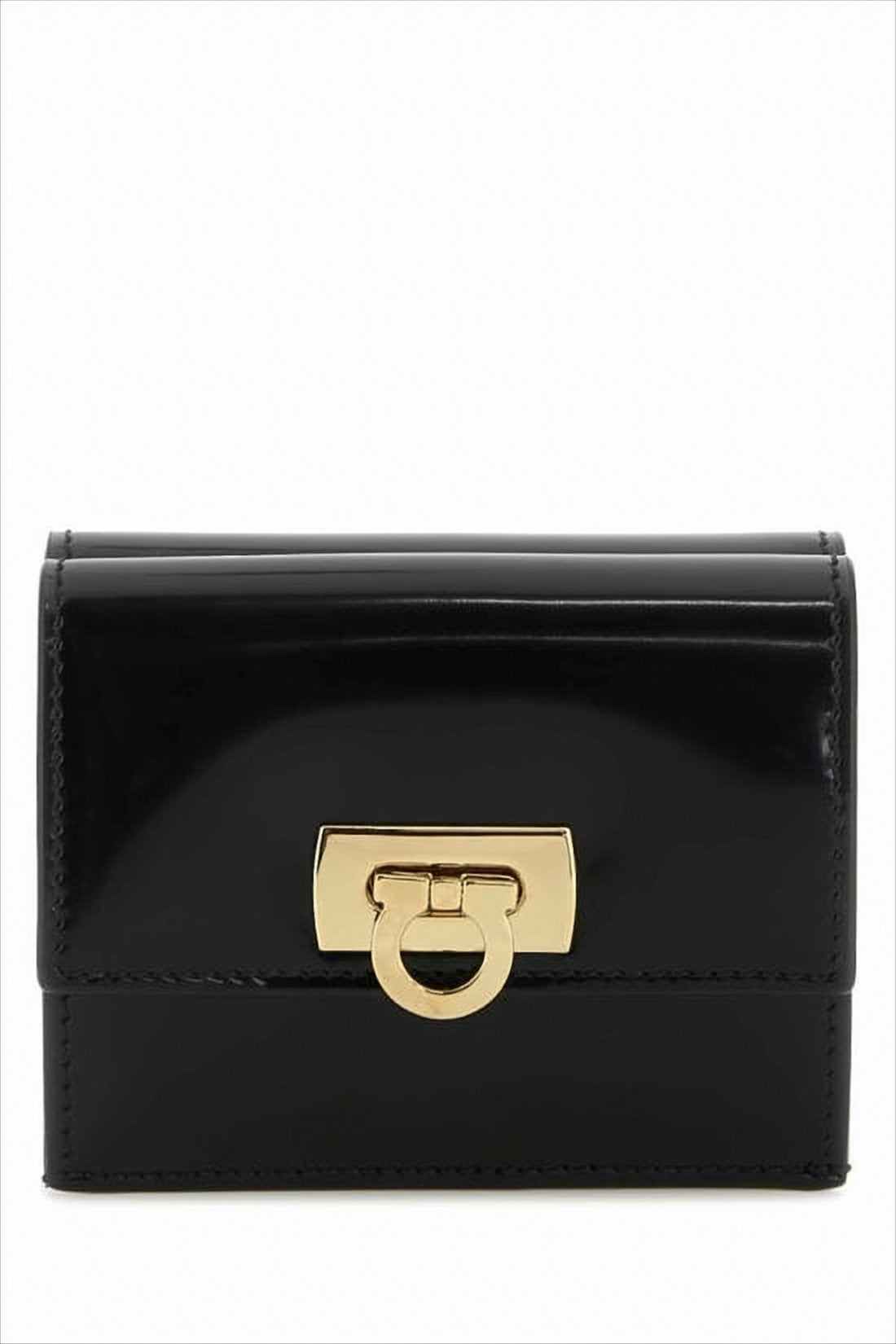 Compact Black Calf Leather Wallet with Gold-tone Clasp