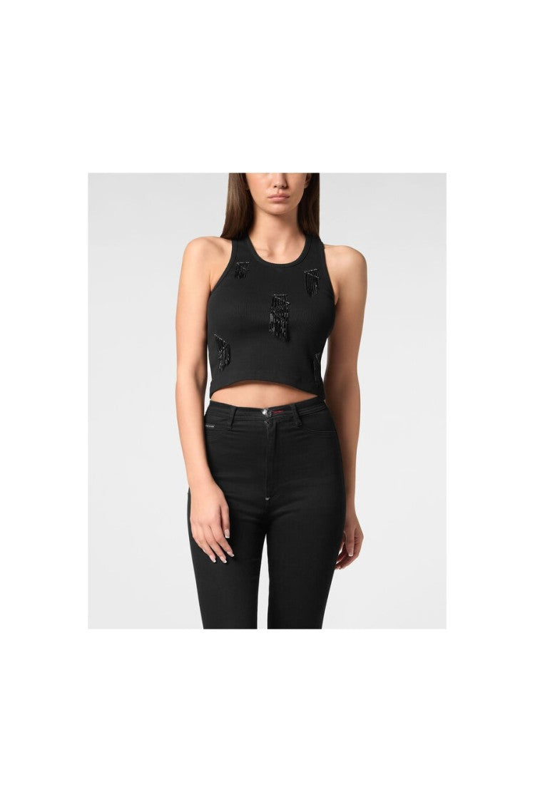 Fringe-Detail Ribbed Crop Top