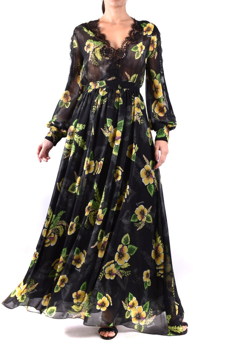 Maxi Dress With Floral Print And Sheer Lace Details