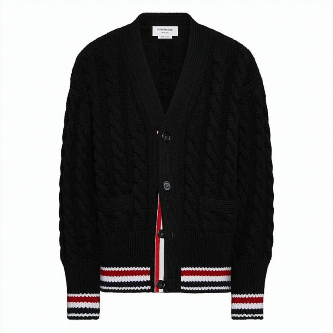 Classic Cable Knit Cardigan with Tricolor Accents