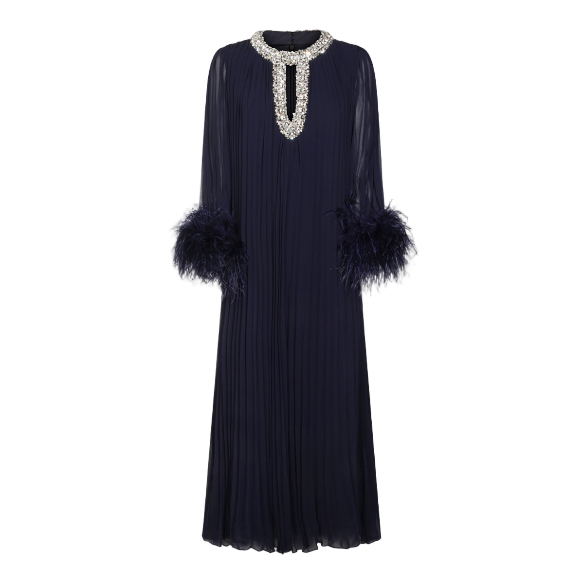 Flowing Pleated Midi Dress with Feather Cuffs