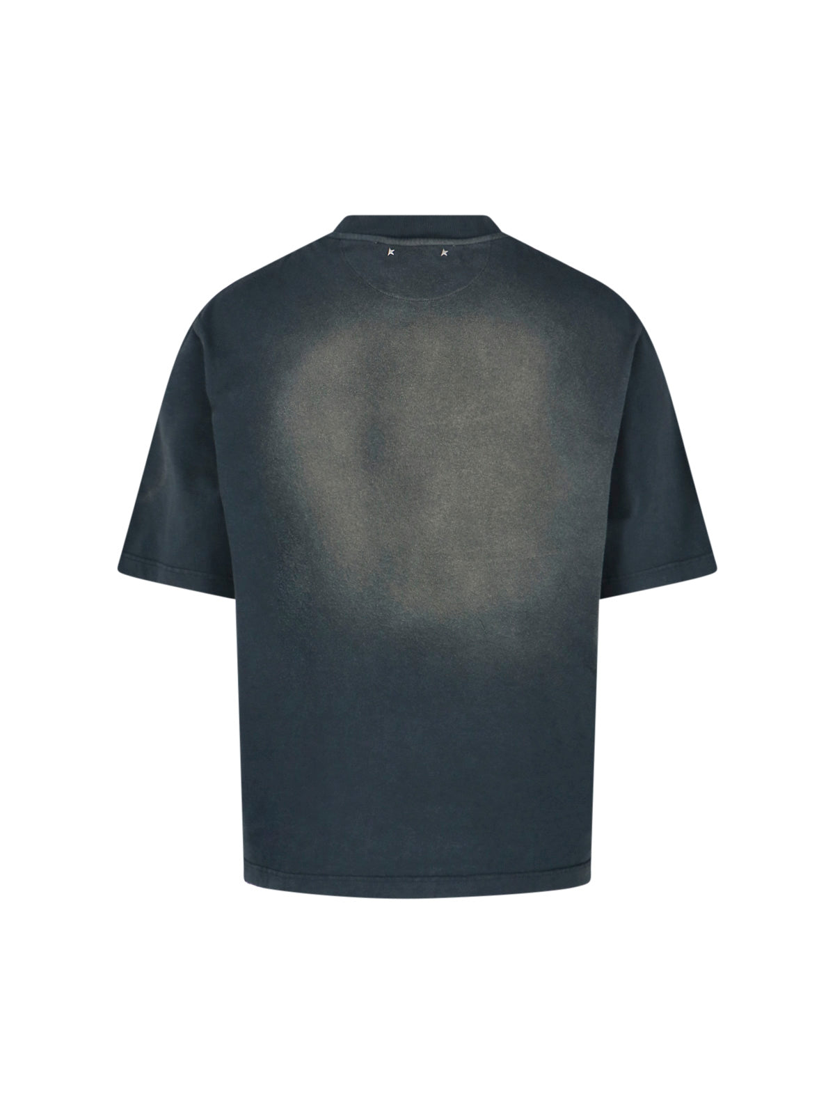 Worn-Finish Black Cotton T-Shirt with Ribbed Trims