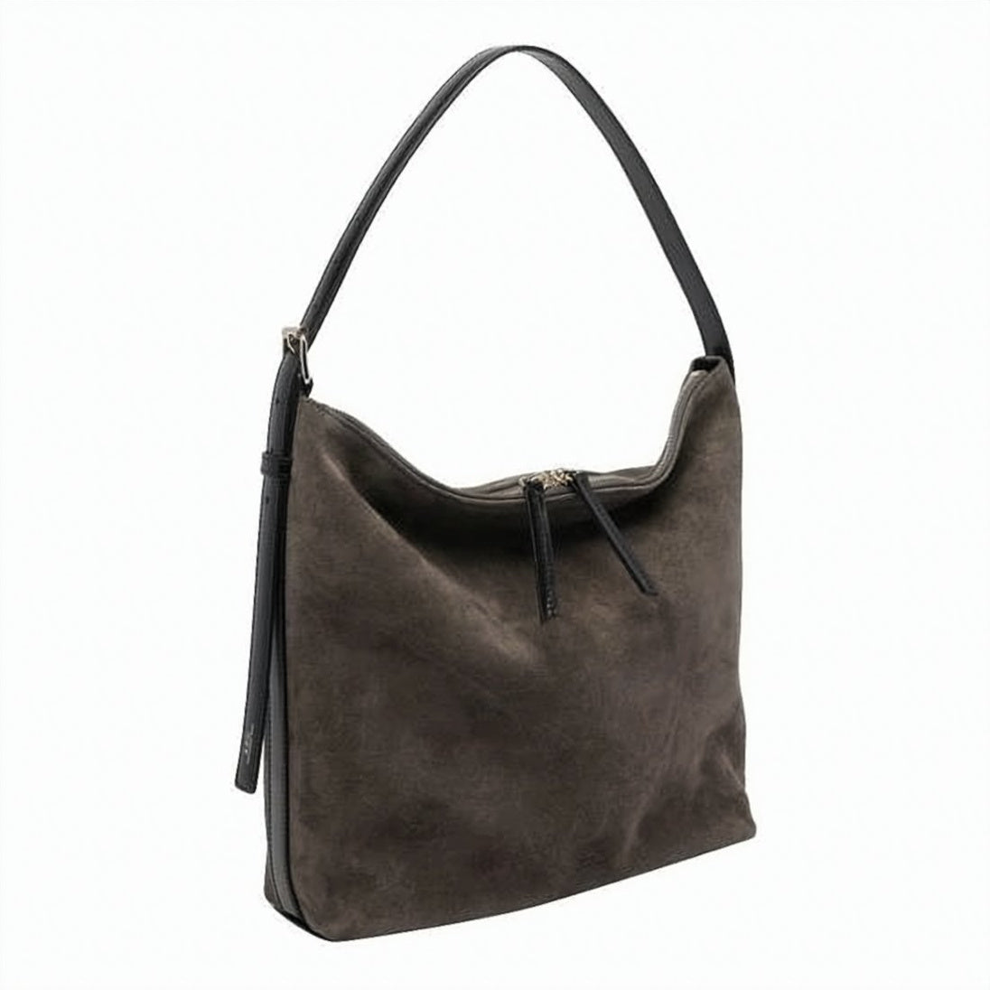 Suede-Textured Shoulder Bag With Top Zipper Closure