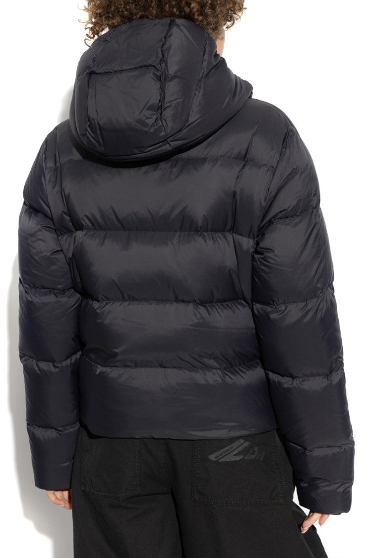 Cropped Black Jacket With Quilted Design And Hood