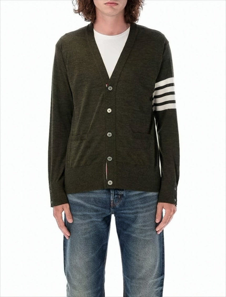 Slim Fit Olive Wool Cardigan with Signature Stripes