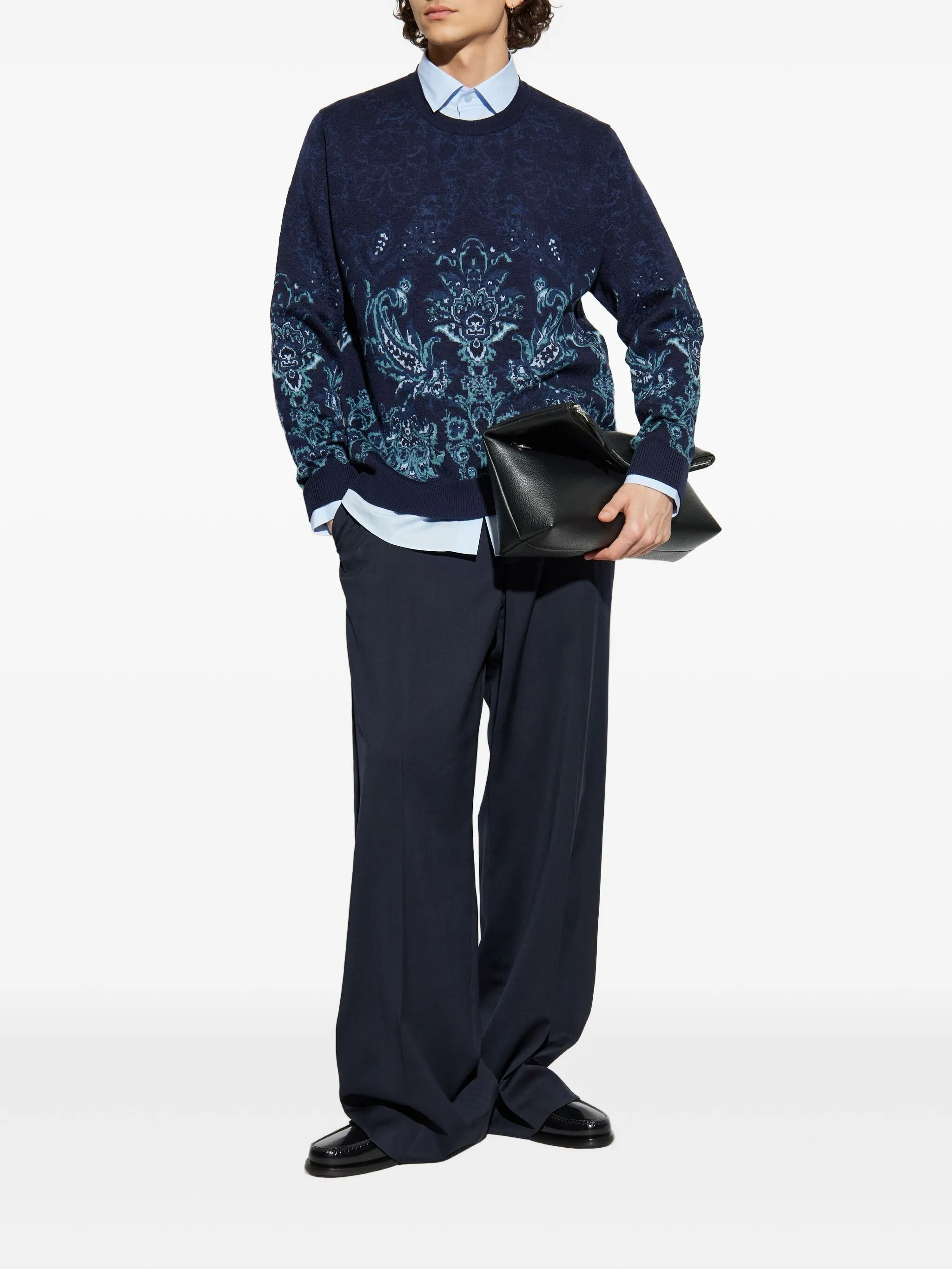 Jacquard Floral Navy Wool Knit Sweater