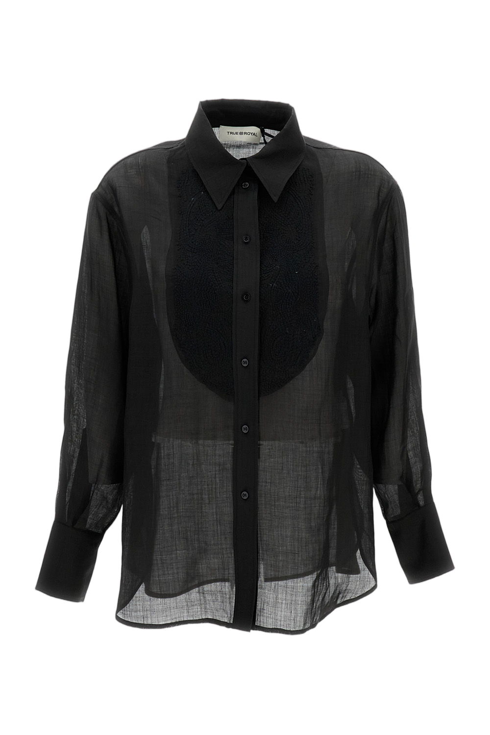 Sheer Black Button-Up Shirt with Textured Detail