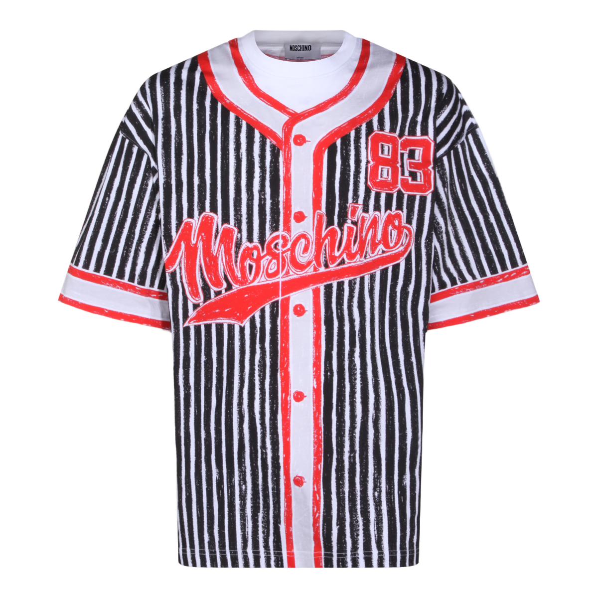 Short-Sleeve Black And White Vertical Stripe T-Shirt With Bold Red Accents