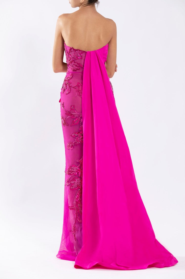 Tulle Strapless, Beaded Dress With A Taffeta Draping And Tail