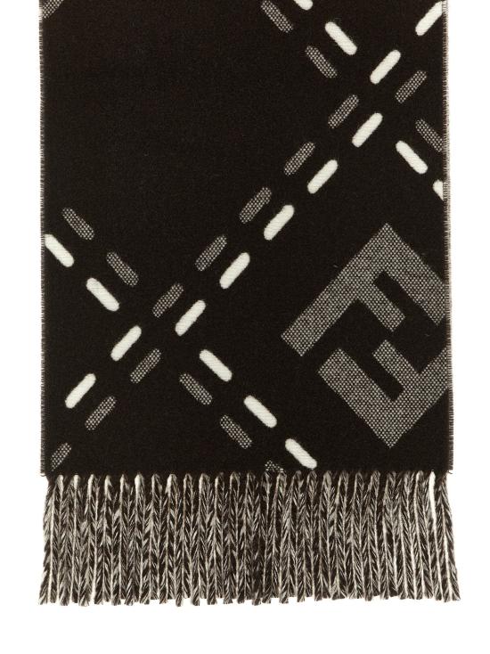 Black Wool Scarf With Stitched Pattern And Fringed Edges