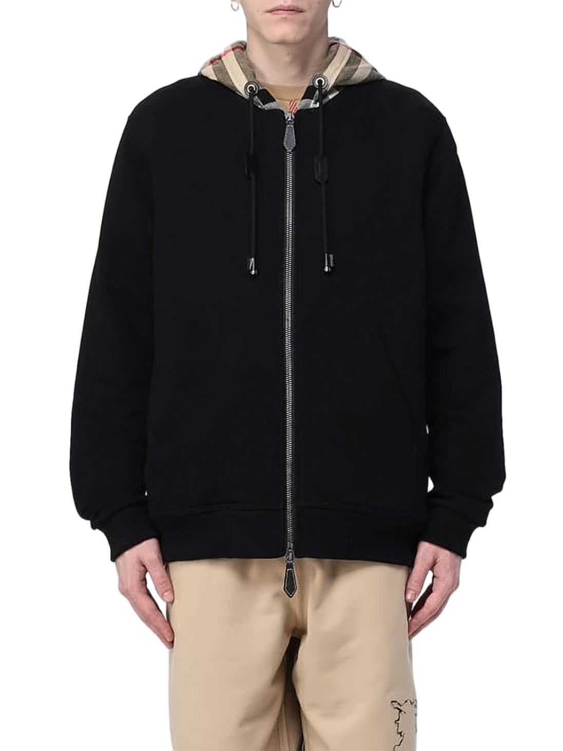 Classic Zip-Up Black Jacket With Check Hood Lining