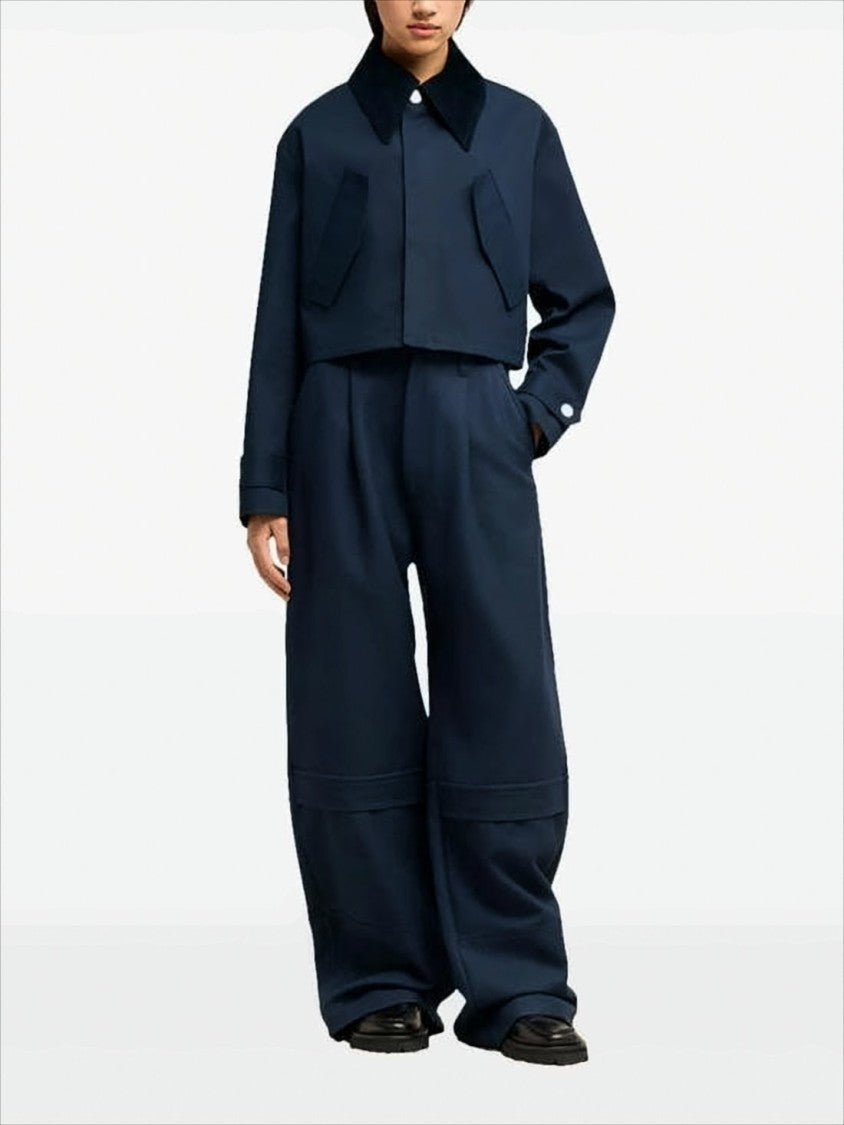 Cropped Boxy Jacket With Contrasting Collar And Flap Pockets