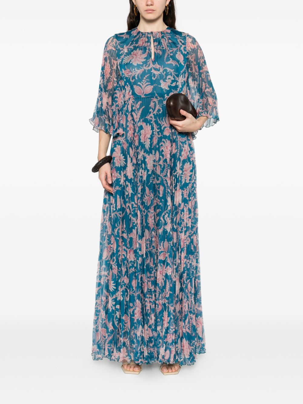 Intricate Floral Maxi Dress with Sheer Sleeves
