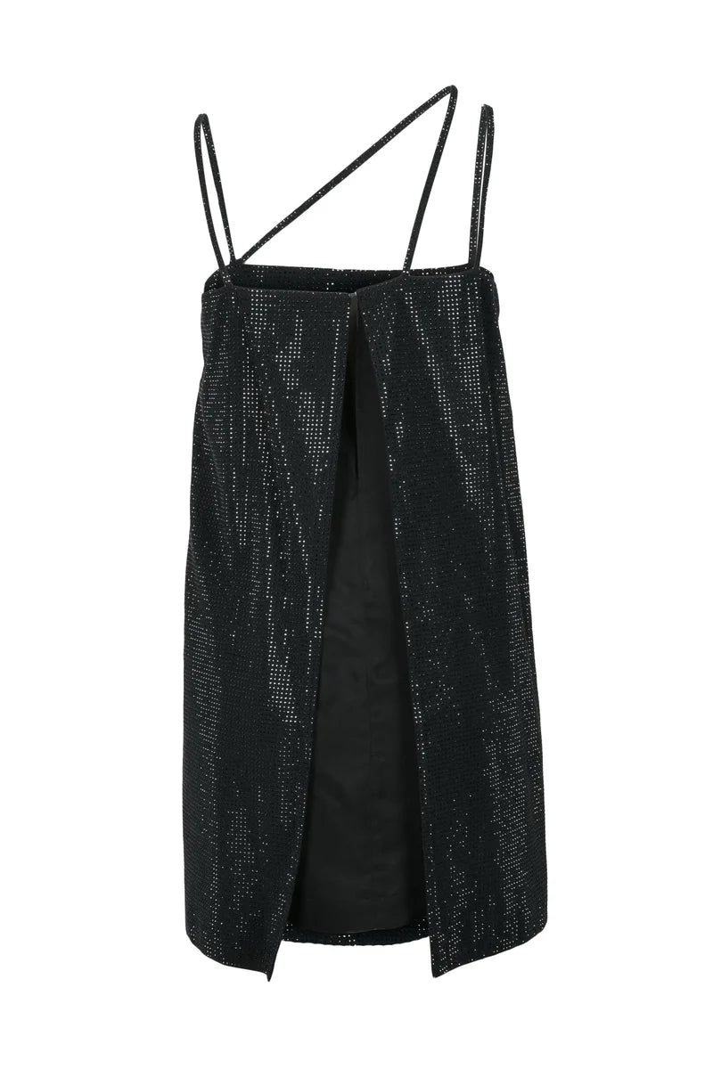 Short Dress Rhinestones Slit - Black