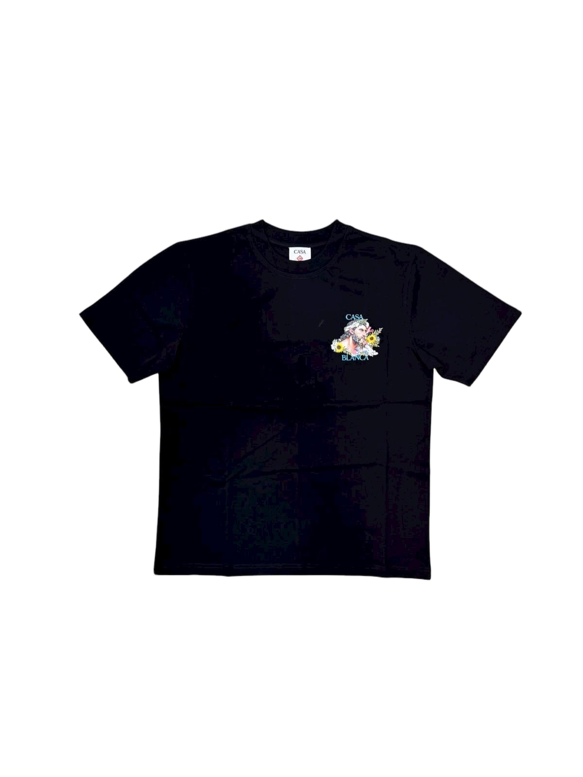 Czarny T-shirt z krótkim rękawem i artystyczną grafiką